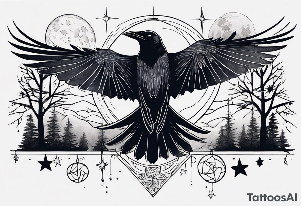 Raven in flight, upsidedown, knowing, light behind its eyes, ethereal, moon stars and trees in the background tattoo idea