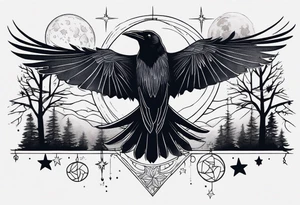 Raven in flight, upsidedown, knowing, light behind its eyes, ethereal, moon stars and trees in the background tattoo idea