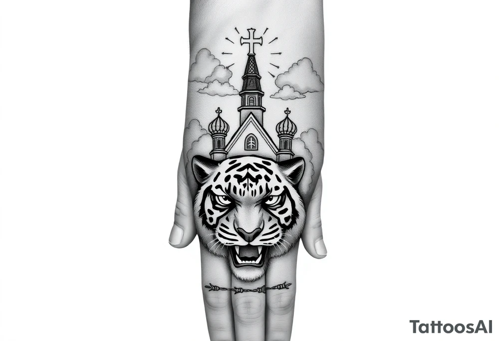 Non cartoon looking tiger on the hand with barb wire at the bottom and then above the tiger do a traditional Russian Orthodox Church with the orthodox traditional cross as the spire in non cartoon looking clouds then Virgin Mary above overlooking with hands together on heart tattoo idea