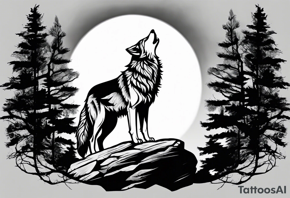 Wolf on top of a rock howling at the full moon, surrounded by trees tattoo idea