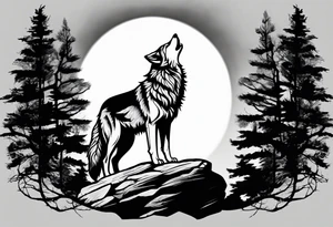 Wolf on top of a rock howling at the full moon, surrounded by trees tattoo idea