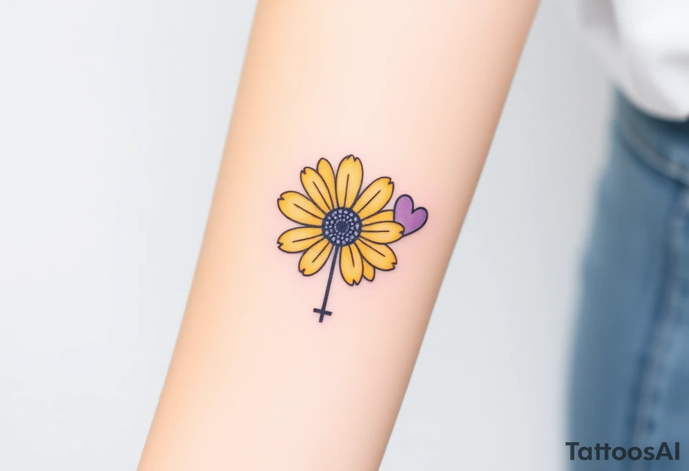 Simple yellow daisy with Purple Hearts & cross tattoo idea