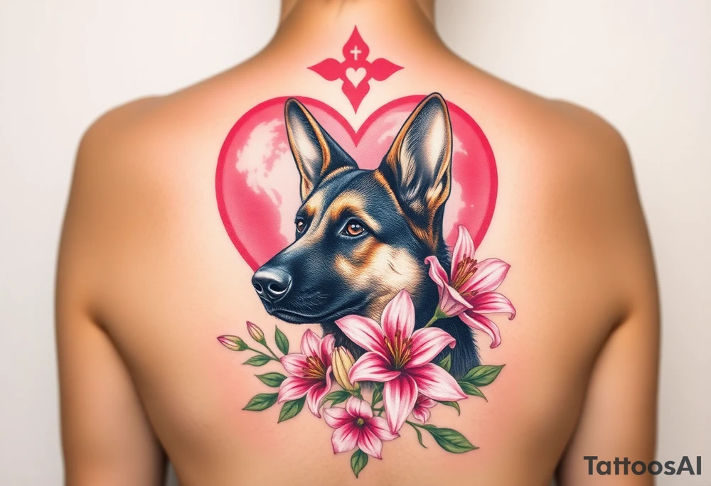 realistic german shepherd dog with pink lily flowers in front of sacred heart tattoo idea