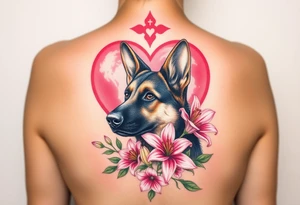 realistic german shepherd dog with pink lily flowers in front of sacred heart tattoo idea