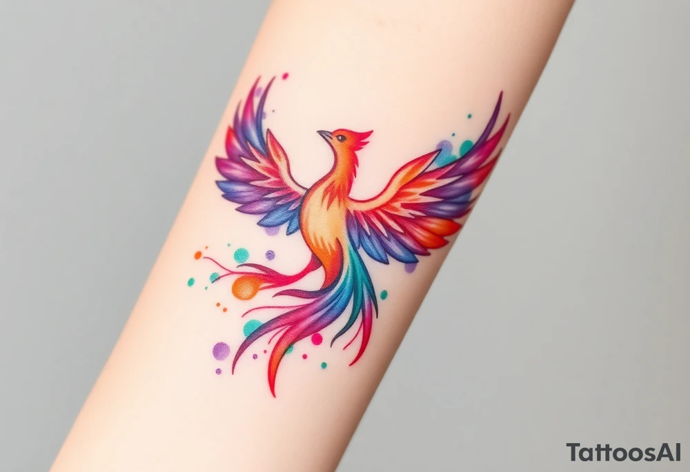 Phoenix in flames with purple, blue, orange, teal and green splashes, looking upwards. No outline. tattoo idea