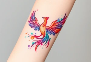 Phoenix in flames with purple, blue, orange, teal and green splashes, looking upwards. No outline. tattoo idea