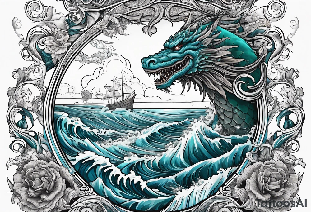 Thigh tattoo of a sea monster wrapped around Neptune the Greek god with waves tattoo idea