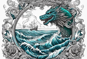 Thigh tattoo of a sea monster wrapped around Neptune the Greek god with waves tattoo idea