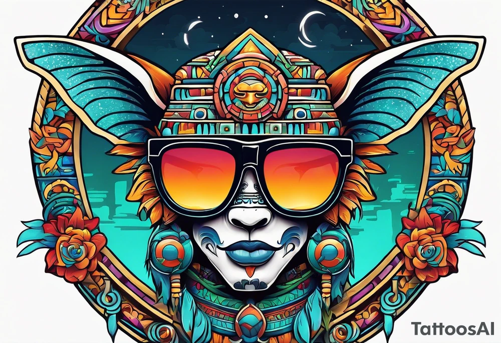 Colorful Mayan hieroglyph wearing sunglasses with bats and water tattoo idea