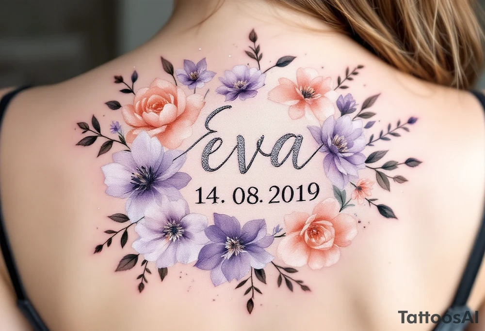 Eva 14. 08. 2019 – Lavender and soft peach blooms encircling Eva's birthdate, with silver glitter accents sprinkled throughout. tattoo idea