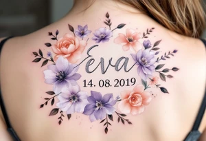 Eva 14. 08. 2019 – Lavender and soft peach blooms encircling Eva's birthdate, with silver glitter accents sprinkled throughout. tattoo idea