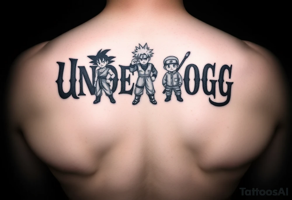 the word underdog in a with 3 anime characters Goku  and Naruto and ippo  one standing in the middle one standing on the right and one standing on the left
 above the word tattoo idea