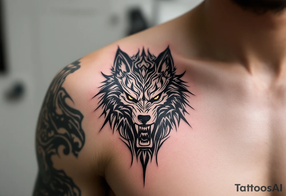 Angry warrior who slays a wolf tattoo idea