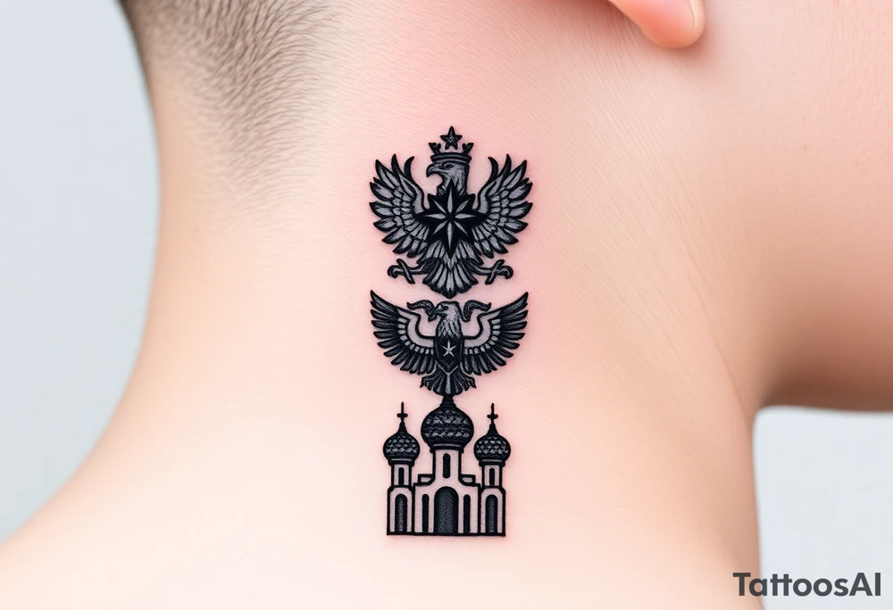 Stacked Vertical Column 

Russian star — small, bold
Middle: Miniature double-headed eagle — simplified, cleaner lines to suit the smaller space
Bottom: Orthodox church dome(s) with a small Virgin Mary silhouette beneath tattoo idea