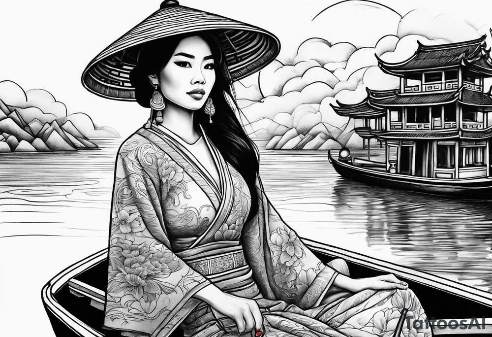 vietnamese lady on boat, water, lanterns, sunset tattoo idea