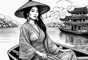vietnamese lady on boat, water, lanterns, sunset tattoo idea