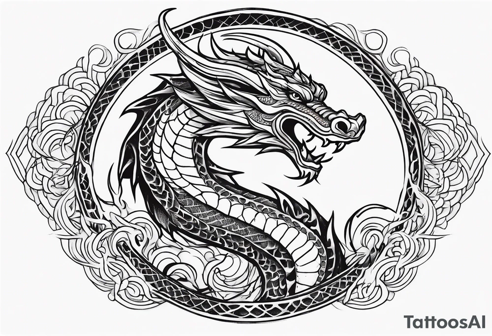 An ornate dragon breathing fire, with intricate scales and a fierce expression, symbolizing power and protection.” tattoo idea