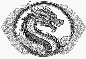 An ornate dragon breathing fire, with intricate scales and a fierce expression, symbolizing power and protection.” tattoo idea