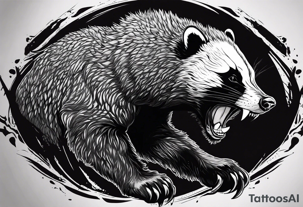 Draw me psychopath Fearless Honey Badger/Berserker with aggressive full body, killer face with a scary smile, very long nails and he attacks like a Bloody Assassin/Warrior/Gladiator to us and also, he has very deadly looking. He fights with his nails only. Everybody scares after their first sight. Give me horror type Badger Tattoo. I want to see his Realistic full body with no weapons. You can show destruction at the back. tattoo idea