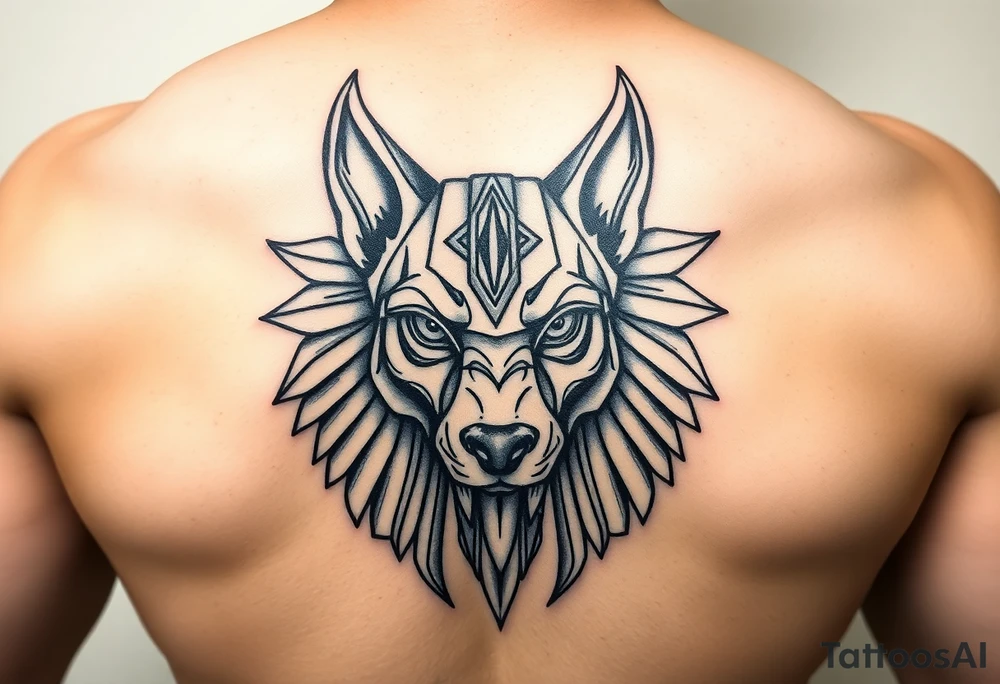 muscle Egyptian Anubis god face in Egypt style dog face tattoo idea