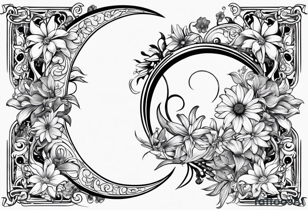 Crescent moon with daisy's, lily’s, crystals, and mushrooms tattoo idea