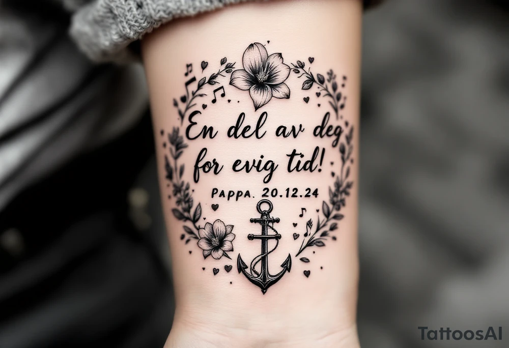 make a quote that says "En del av deg for evig tid! Pappa 20.12.24" Surrounded by gladiolus, music notes, hearts and an anchor tattoo idea