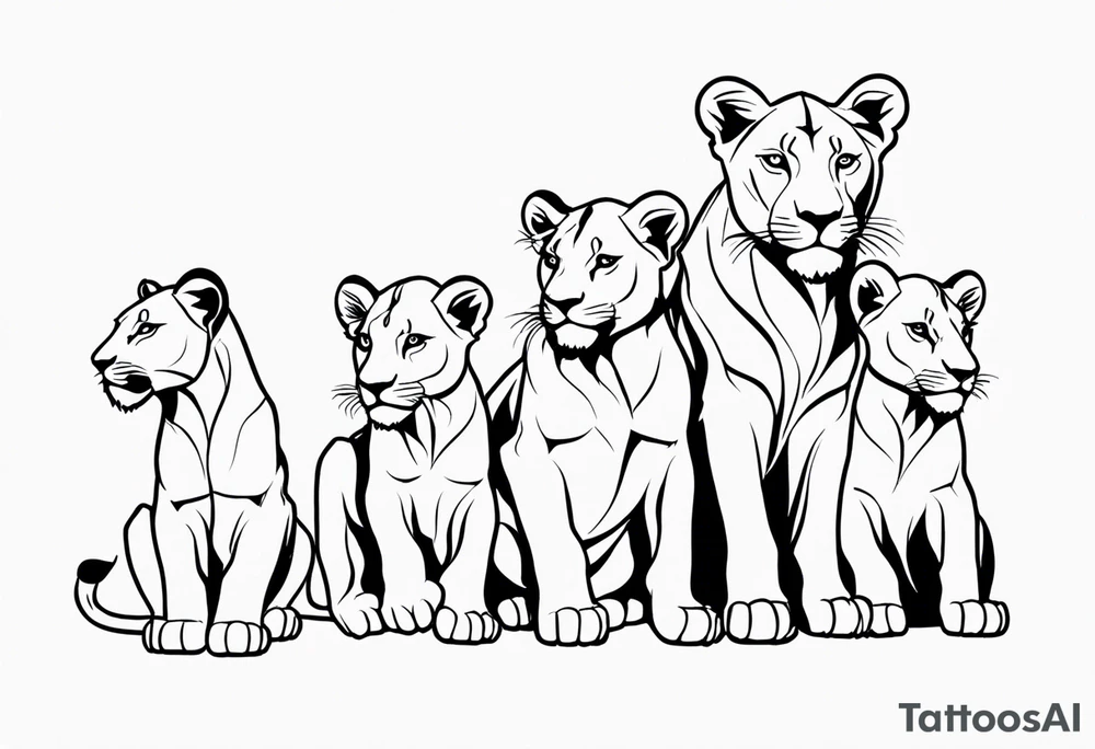 a female lion sketch, with the face in a position of 3/4, with 6 cubs, black and white, lines and low amont of shadow tattoo idea