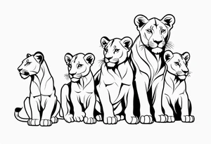 a female lion sketch, with the face in a position of 3/4, with 6 cubs, black and white, lines and low amont of shadow tattoo idea