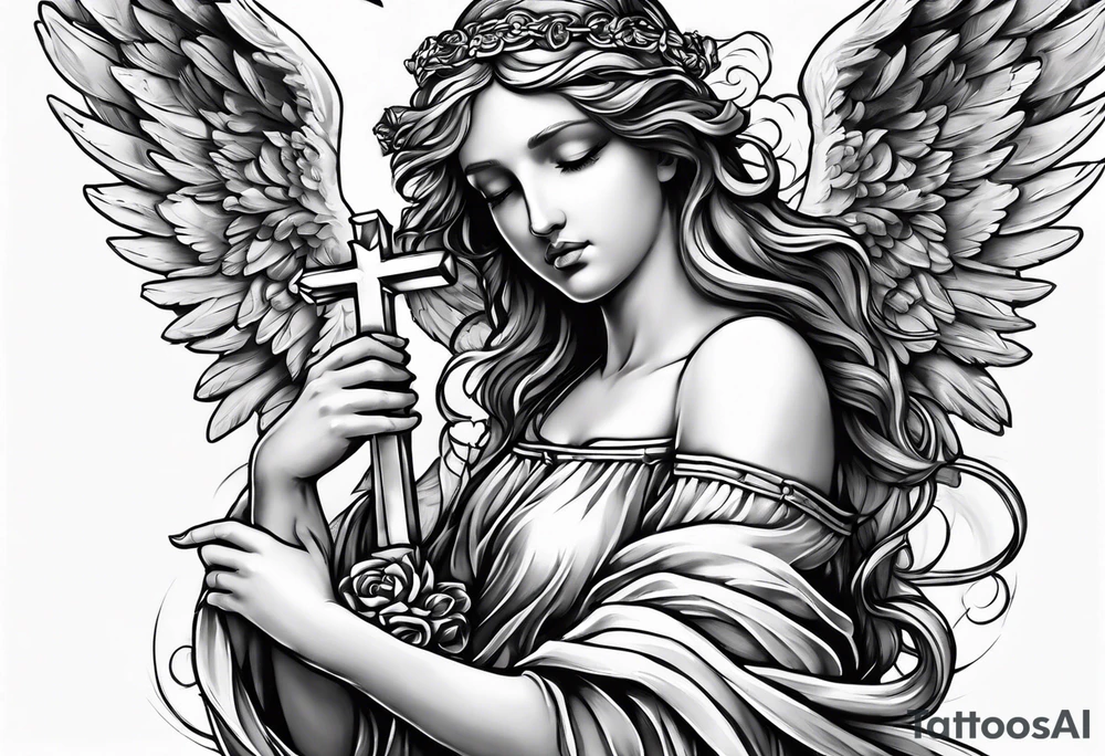 Angelic Angel holding cross in clouds arm tattoo tattoo idea