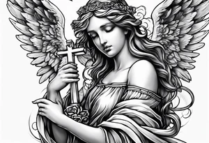 Angelic Angel holding cross in clouds arm tattoo tattoo idea