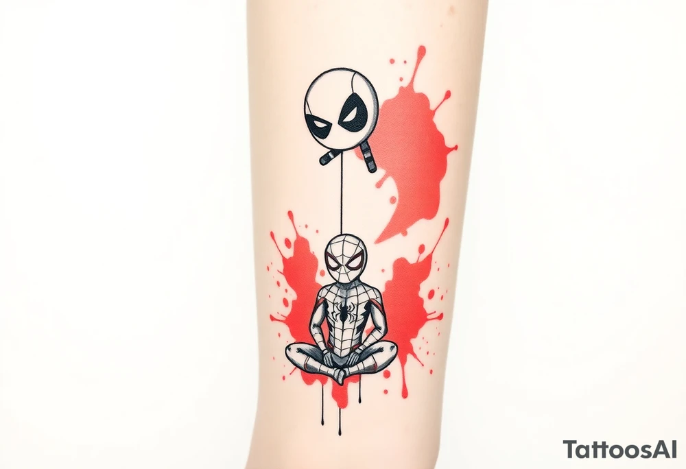 A vertical stacked tattoo design for a half-sleeve on a white background. At the top is a chibi Deadpool character in a bold ink sketch style. At the bottom is a chibi Spider-Man character sitting cross-legged in a loose pencil sketchbook style. High contrast black and grey shading. The two characters are connected by loose, energetic sketch lines and a thin spiderweb thread hanging between them. Dramatic, stylized splashes of bright, vibrant watercolor red ink splatter bursting out around both characters' suits, bleeding into the negative space. Tattoo flash sheet style, crisp linework. tattoo idea