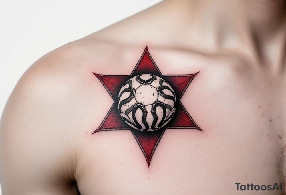 A classic black-and-grey ball resting beneath a red Slavia star with a white background. tattoo idea