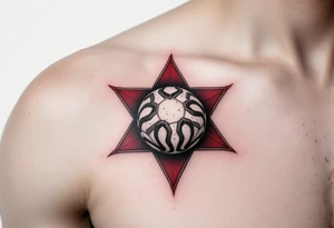 A classic black-and-grey ball resting beneath a red Slavia star with a white background. tattoo idea