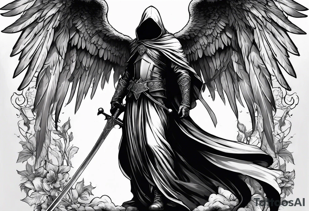 realistic angel of death, man, full body, no face visible, holding one sword, sword pointing downwards, both hands are holding the sword tattoo idea