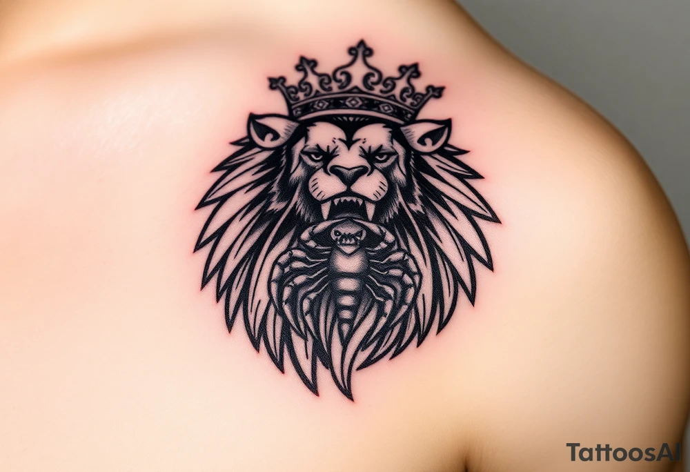 a powerful and majestic lion with a crown and in the middle of this crown , a realistic scorpion, tattoo idea