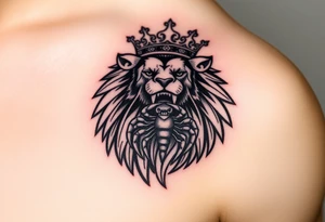 a powerful and majestic lion with a crown and in the middle of this crown , a realistic scorpion, tattoo idea