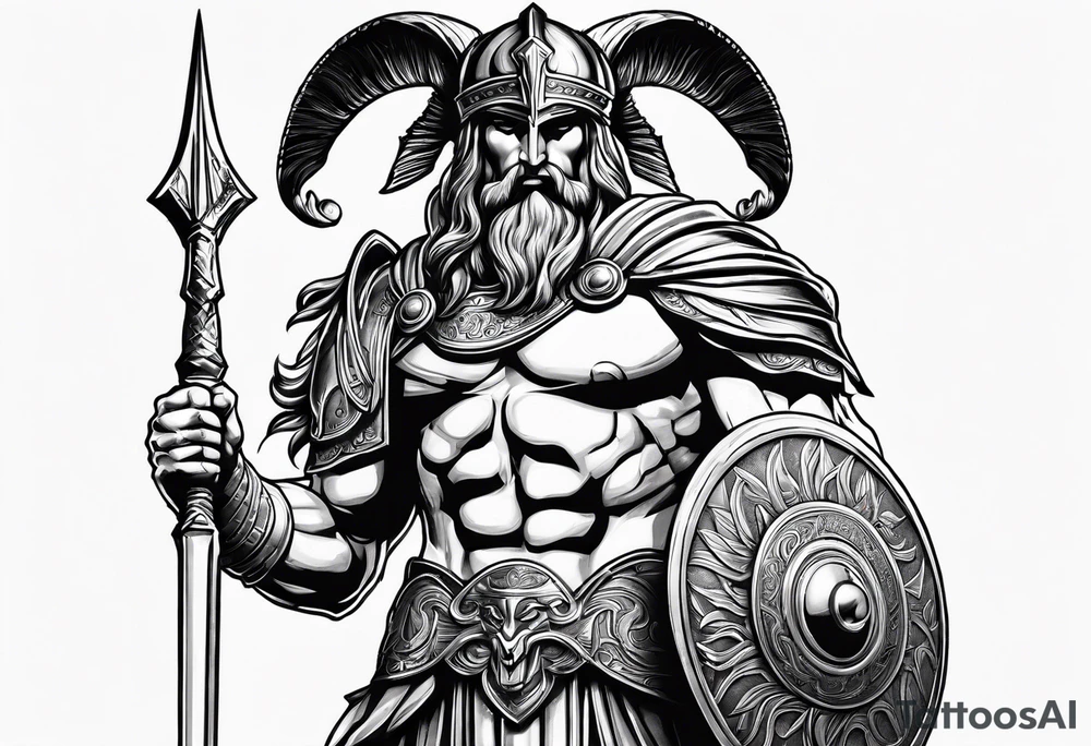 Ares greek God, holding his spear and shield tattoo idea