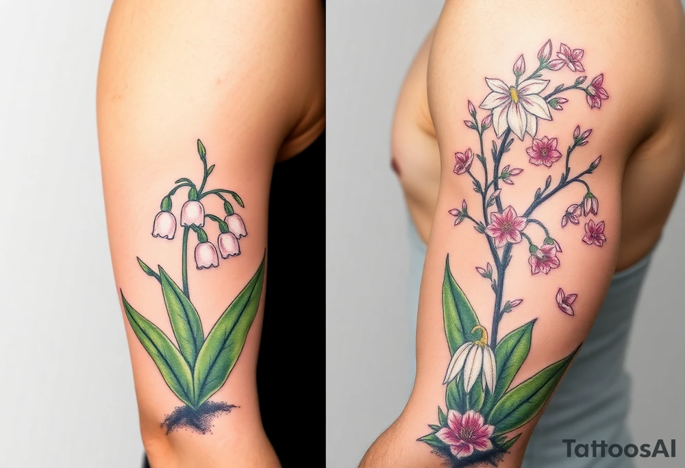 Small White lily in the valley bells growing next to other different colored lilie plants planted 
Under a blooming hawthorn tree tattoo idea