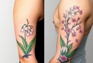 Small White lily in the valley bells growing next to other different colored lilie plants planted 
Under a blooming hawthorn tree tattoo idea