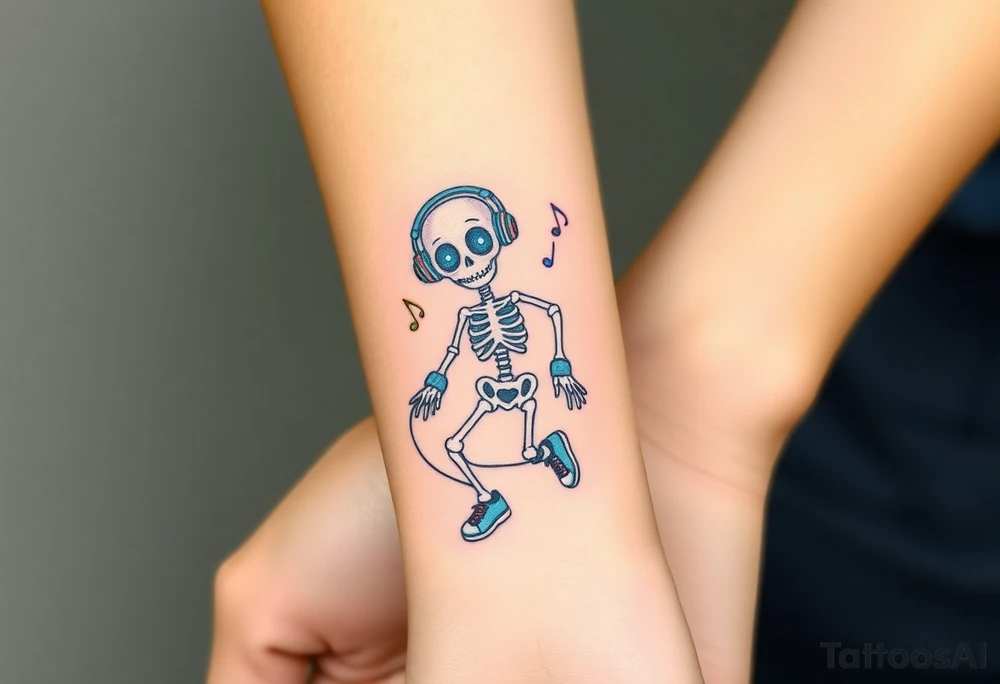 Cute skeleton with dreamy eyes jumping on a jump rope with blue headphones blue armbands blue sneakers and colorful  music notes around his head tattoo idea