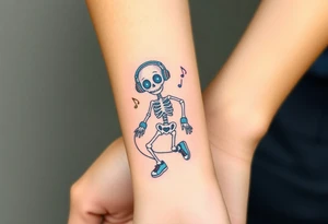 Cute skeleton with dreamy eyes jumping on a jump rope with blue headphones blue armbands blue sneakers and colorful  music notes around his head tattoo idea