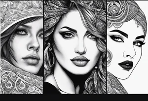 Three women's faces next to each other. The woman on the left a young woman18yo, the middle  is a mother40 yo the right is a grandmother 70yo tattoo idea