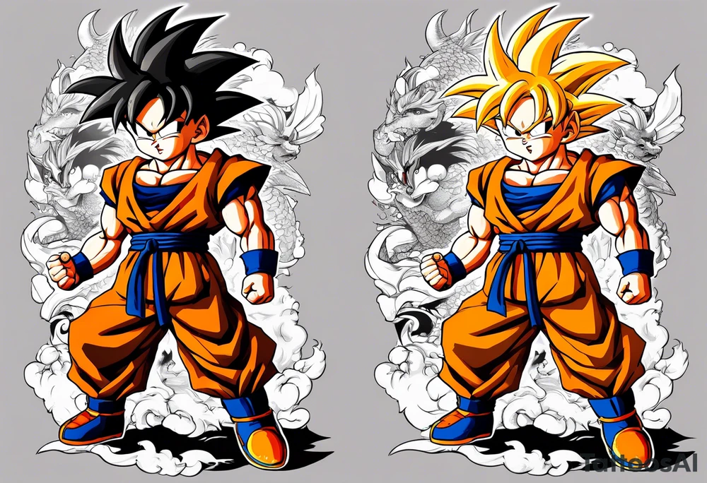 Son-Goku as a child in the foreground and an older version of him as a super sayain behind him. All takes place in a dragon ball tattoo idea