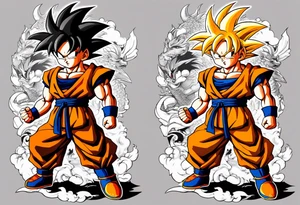 Son-Goku as a child in the foreground and an older version of him as a super sayain behind him. All takes place in a dragon ball tattoo idea