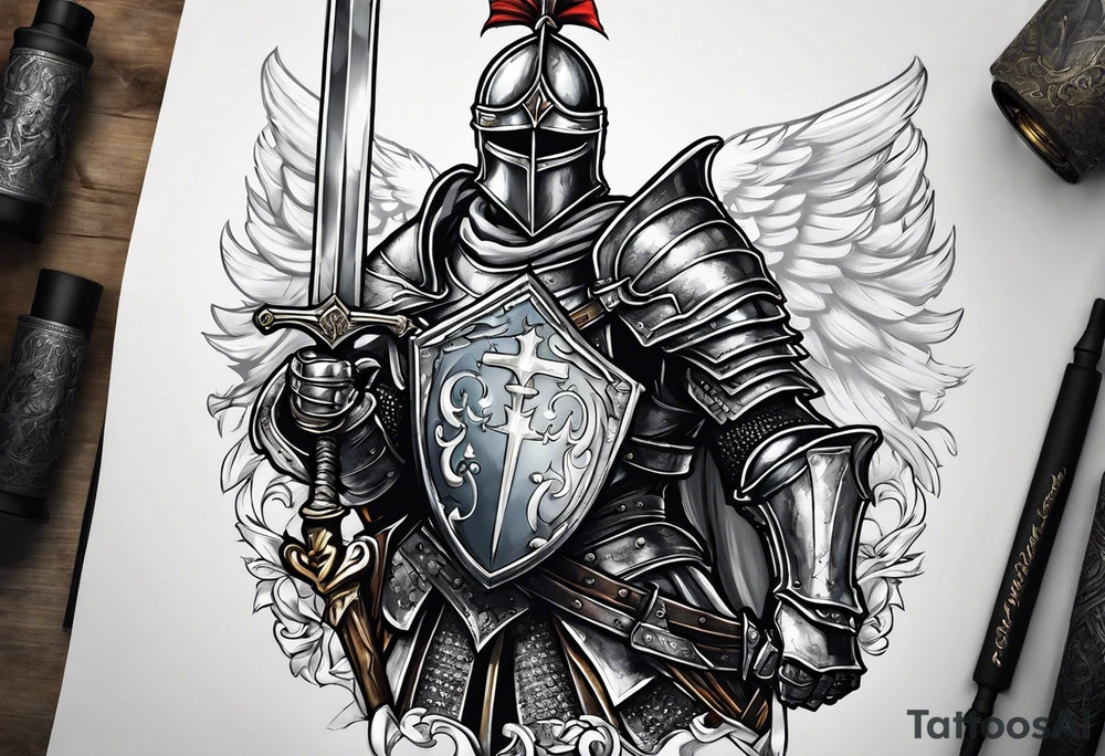 knight holding a bible over his head in combat tattoo idea