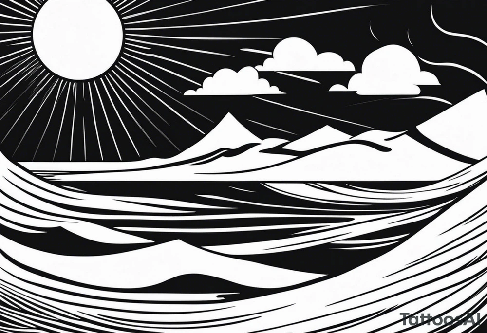 Hawaian beach with a big sun and many waves, only black and white tattoo idea