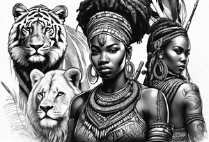 African woman warrior with tribe scars and spear in hand with animals in background tattoo idea