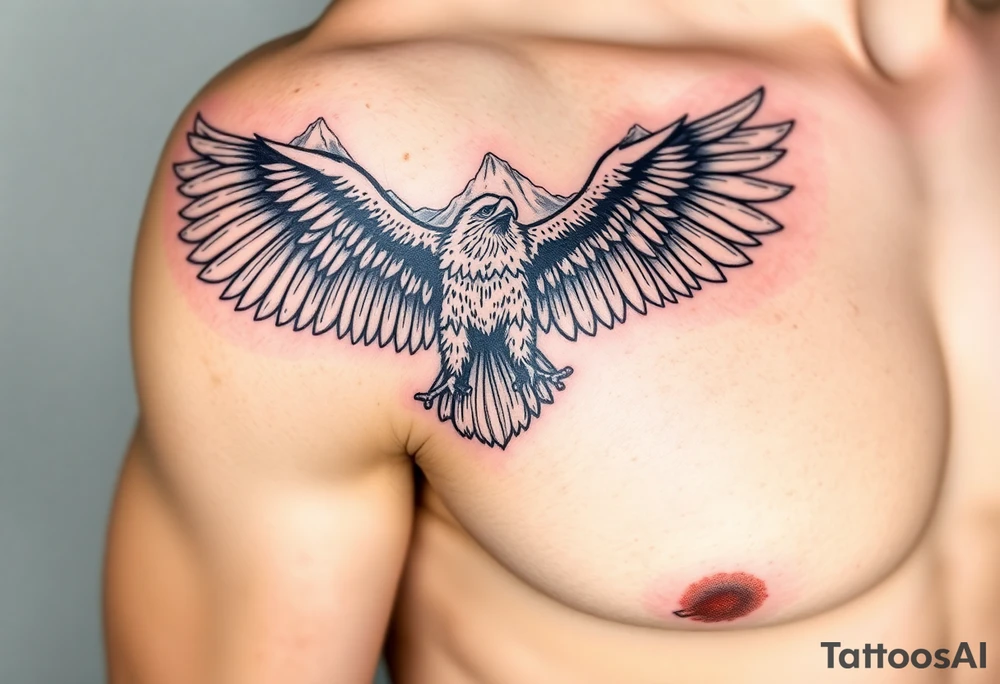 majestic eagle spreading wings against mountain peaks tattoo idea
