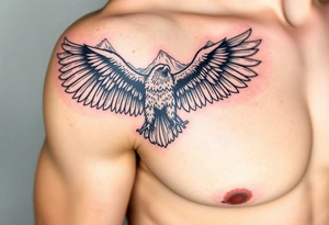 majestic eagle spreading wings against mountain peaks tattoo idea