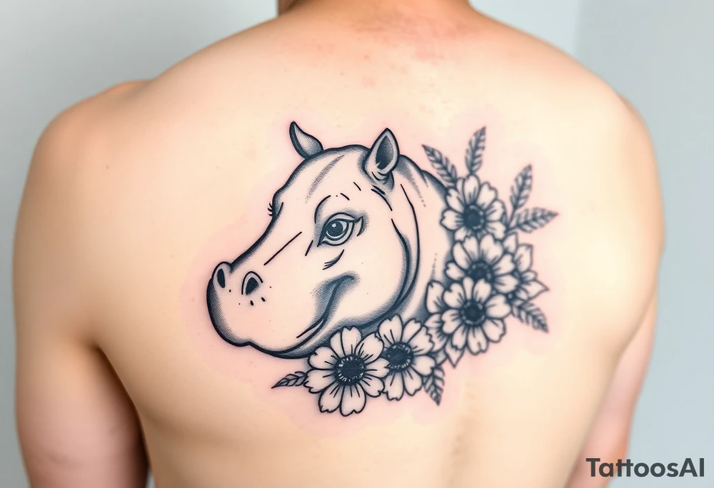 Cute hippo and with sunflowers and carnations realistic and feminine tattoo idea